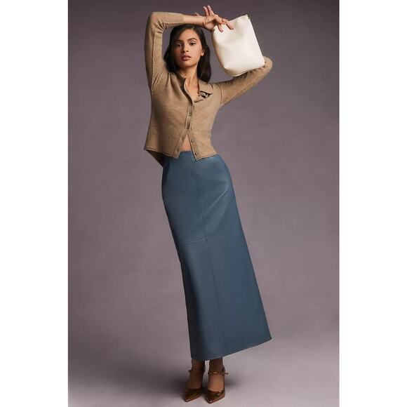 New Mare Mare x Anthropologie Faux Leather Column Skirt $148 PLUS 1X  Blue Slate - Picture 1 of 6